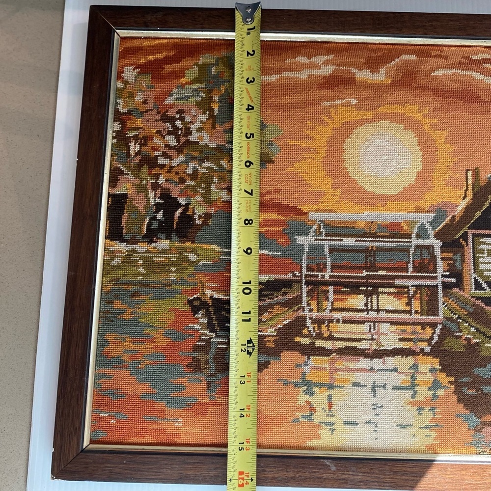 Vintage Framed Croatian  Needlepoint  Unitas Zagreb - Boats  Waterwheel Sunset - Picture 9 of 12